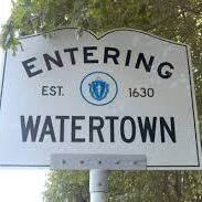 Sign marking entrance to Watertown, established in 1630.